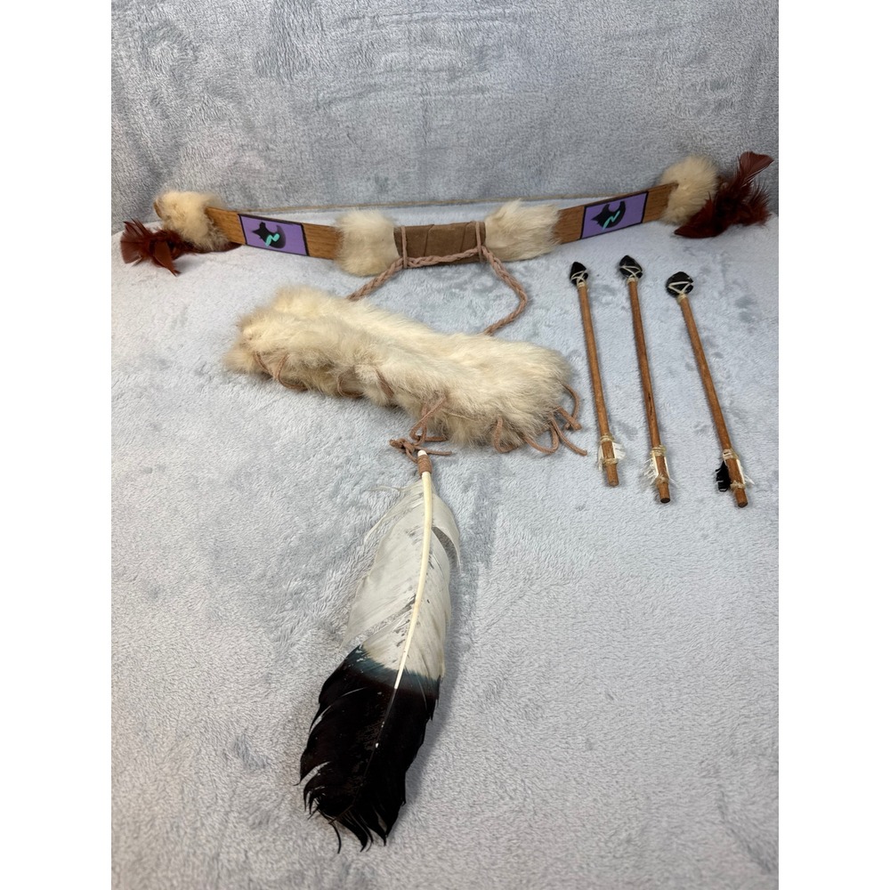 Decorative Wooden Bow and Arrow Set with Fur Quiver and Feathers Rustic Art